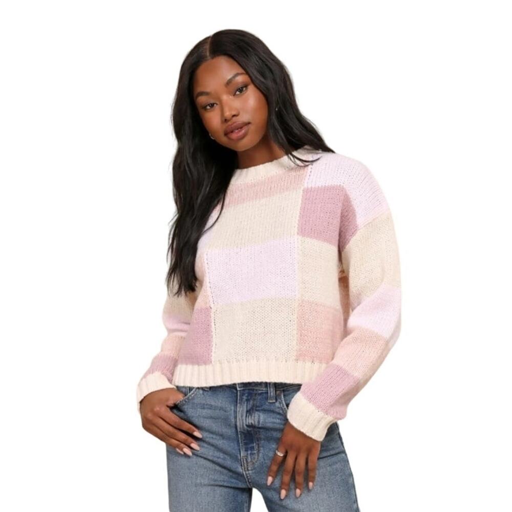 Lulus Pink Knit Patchwork Sweater Size XL Retro Y2K Preppy Cottagecore Girly NEW
